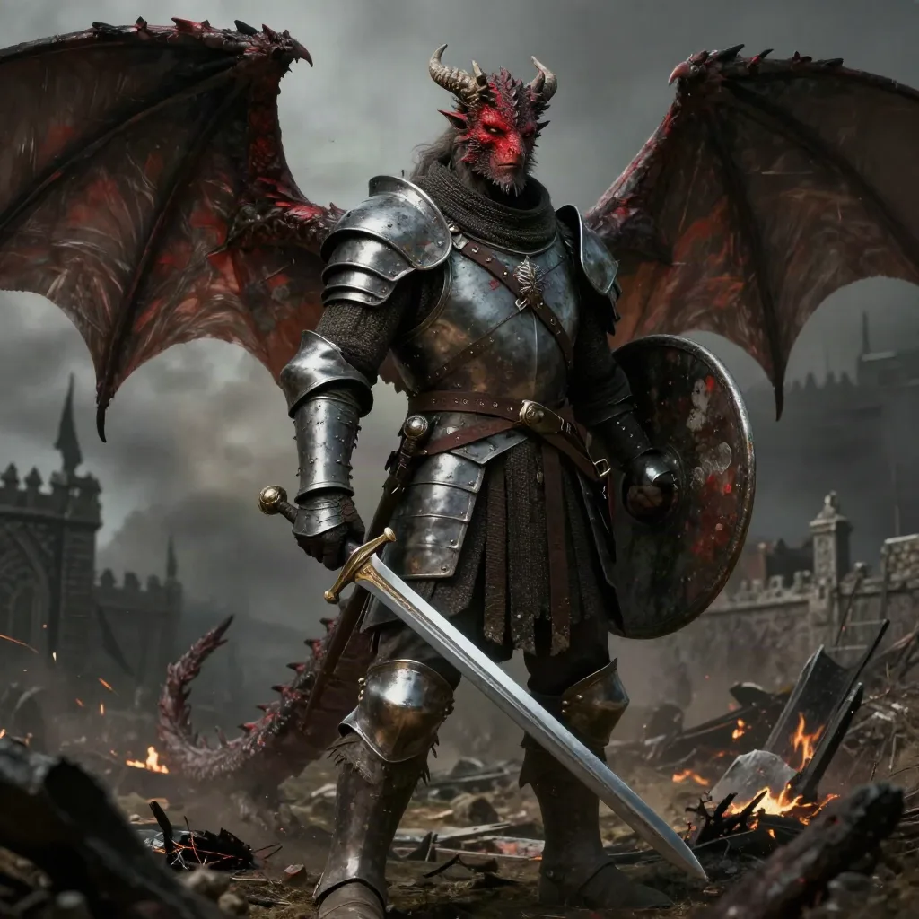 Ilustração de Veterano Meio-Dragão Vermelho